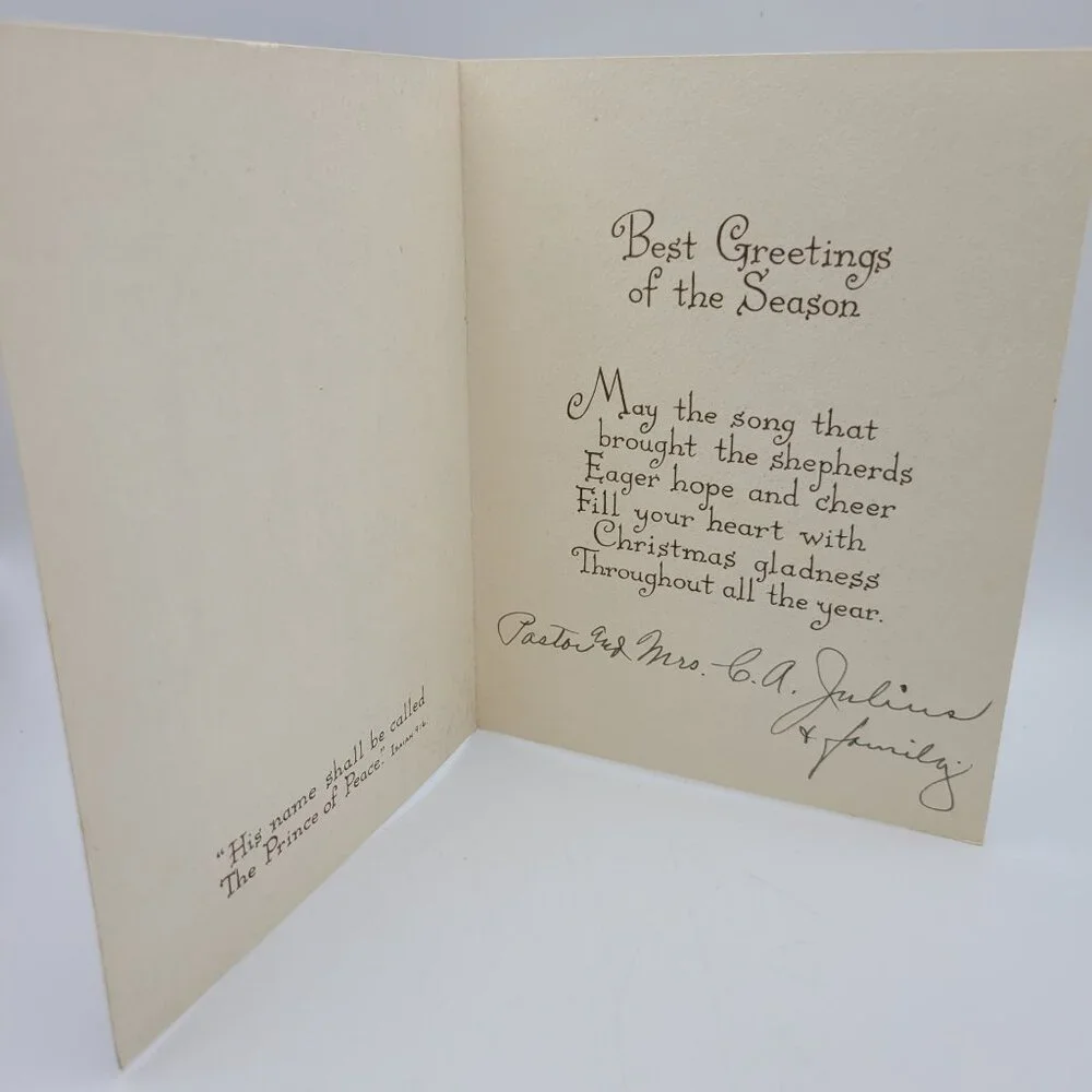 Vintage 1943 C.R. Gibson Christmas Greeting Card With Church Illustration & Vers